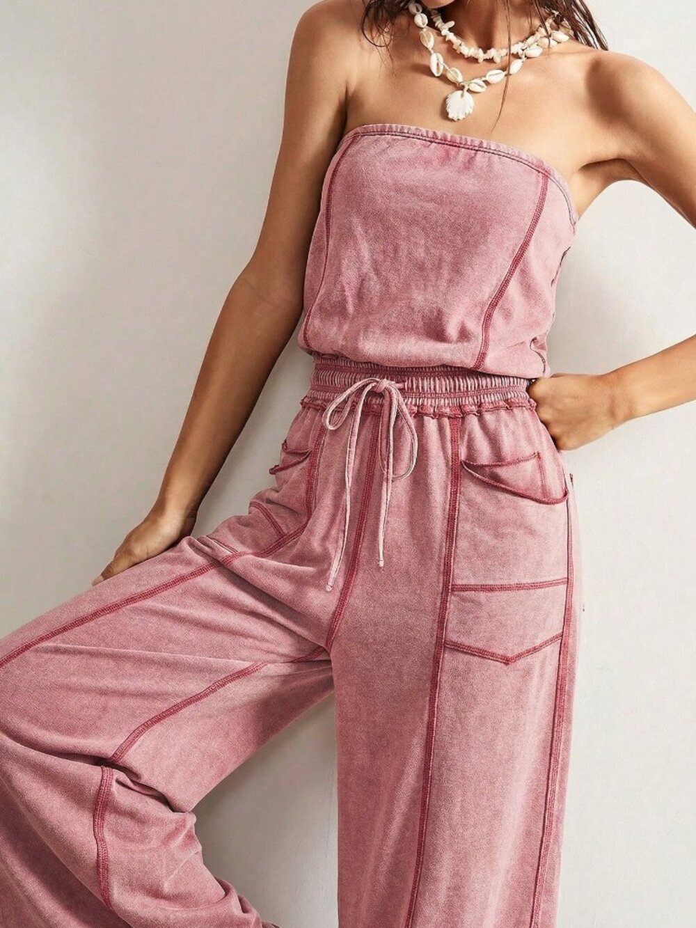 Rust Brown Casual Women's Knitted Strapless Jumpsuit - Picture 1 of 7